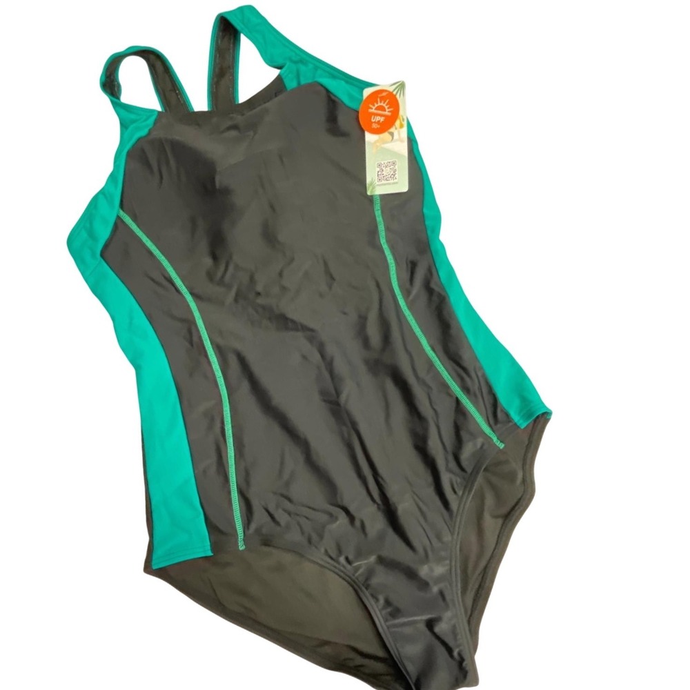 Charmo Womens One Piece Swimsuit Black Teal‎ Racerback Athletic UPF 50+ NWT